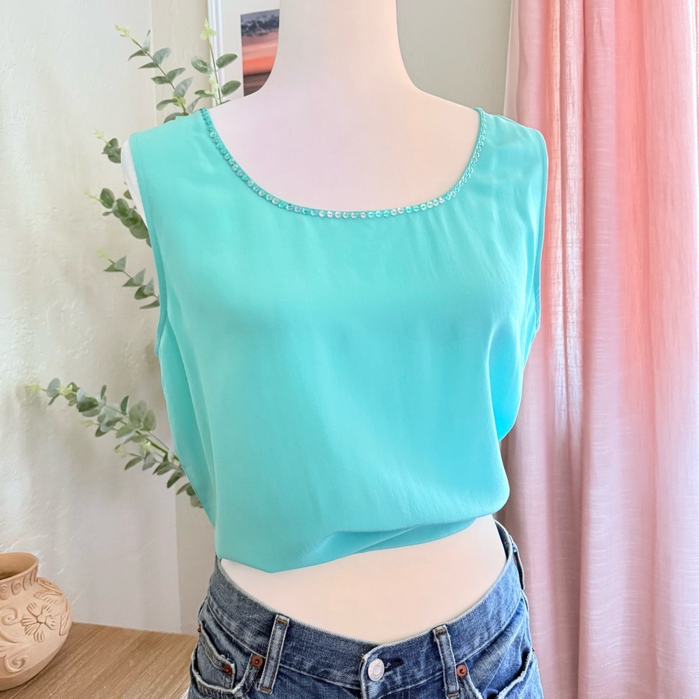 Vintage 100% Silk Blue Aqua Mermaid Sequin Sheer Flowy Layering Delicate Top